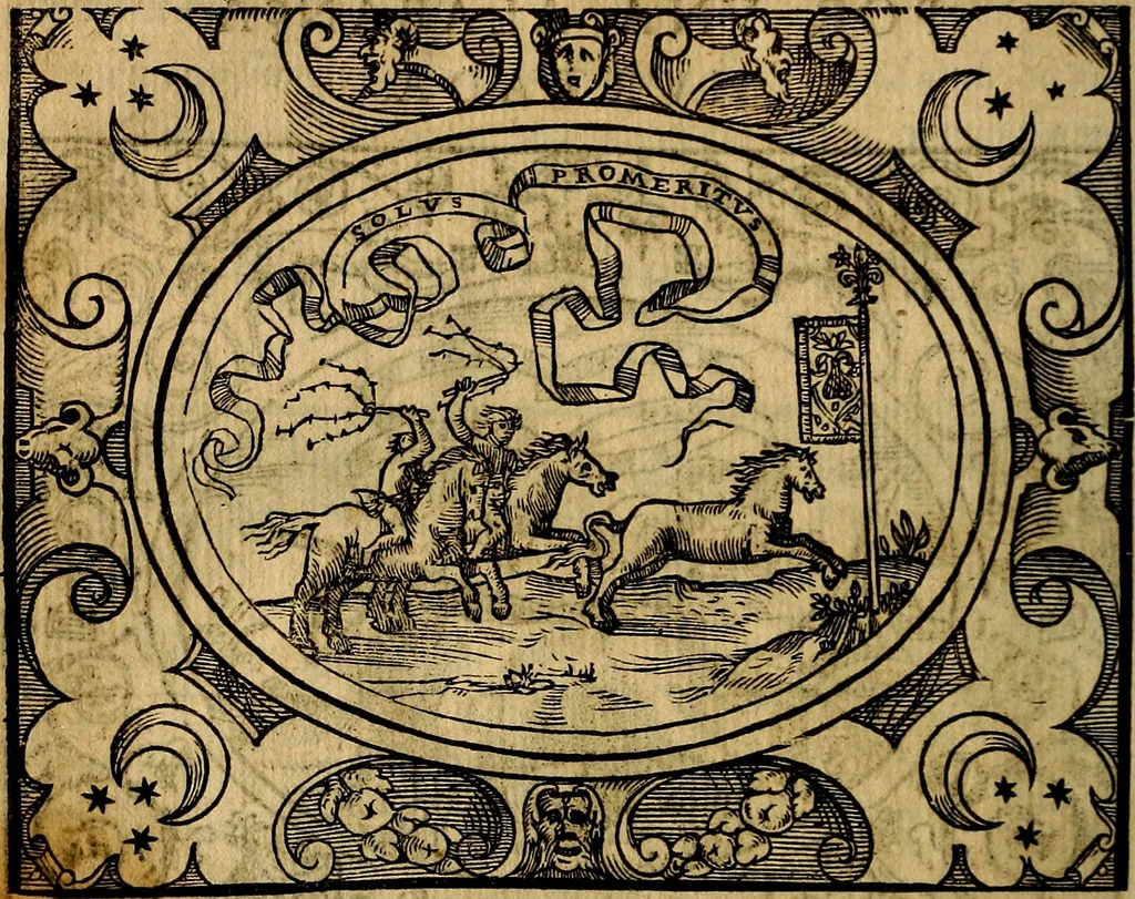 An illustration from Dialogo de las empresas militares, y amorosas, compuesto en lengua italiana, por el illvstre, y reverendissimo señor Paulo Iouio obispo de Nucera . En el qval se tracta de las devisas, armas, motes, o blasones de linages. Con vn razonemiento a esse proposito, del magnifico señot Ludouico Domeniqui. Todo nueuamente traduzido en romance castellano, por Alonso de Vlloa. Anadimos a esto las empresas heroicas, y morales, del señor Gabriel Symeon, 1561, leaf 265