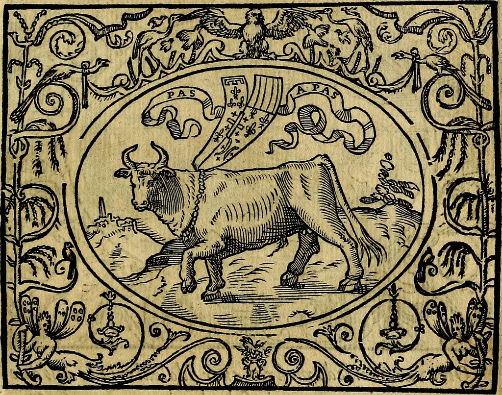 An illustration from Dialogo de las empresas militares, y amorosas, compuesto en lengua italiana, por el illvstre, y reverendissimo señor Paulo Iouio obispo de Nucera . En el qval se tracta de las devisas, armas, motes, o blasones de linages. Con vn razonemiento a esse proposito, del magnifico señot Ludouico Domeniqui. Todo nueuamente traduzido en romance castellano, por Alonso de Vlloa. Anadimos a esto las empresas heroicas, y morales, del señor Gabriel Symeon, 1561, leaf 268