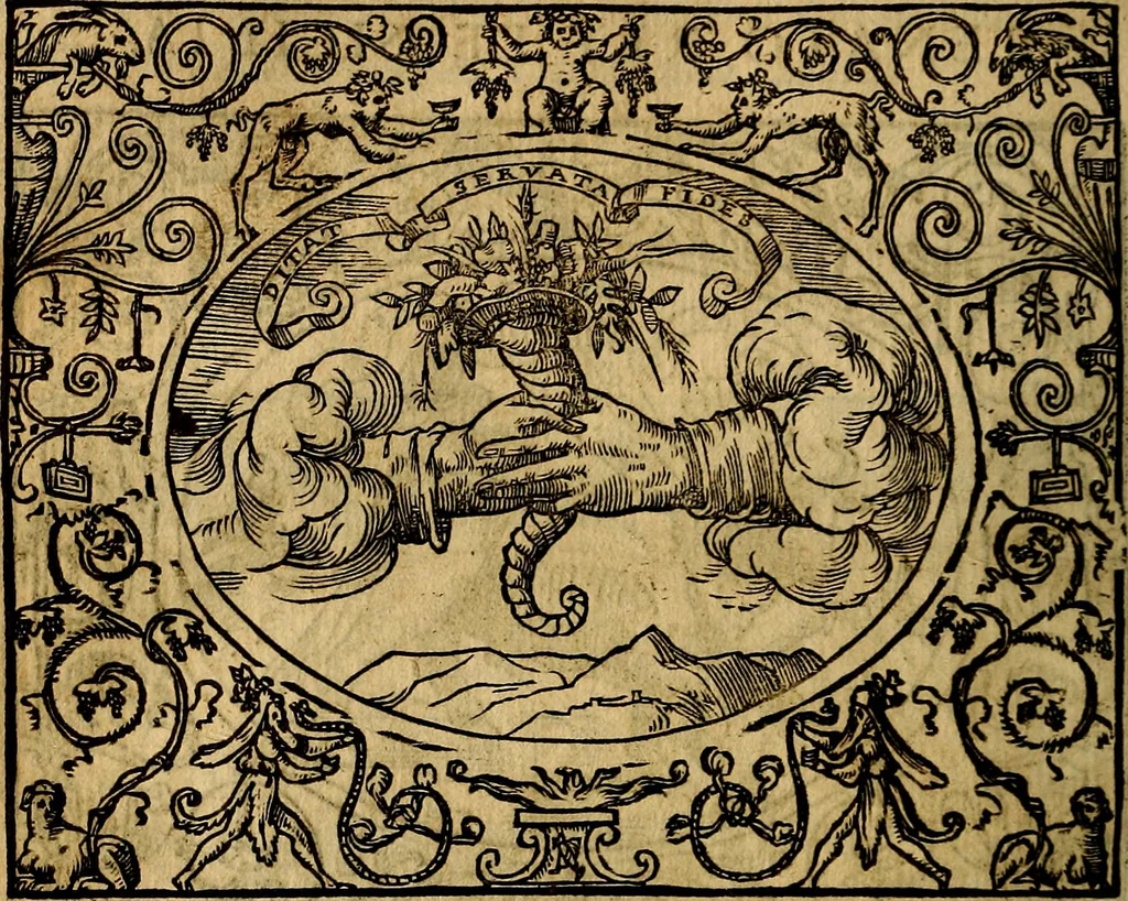 An illustration from Dialogo de las empresas militares, y amorosas, compuesto en lengua italiana, por el illvstre, y reverendissimo señor Paulo Iouio obispo de Nucera . En el qval se tracta de las devisas, armas, motes, o blasones de linages. Con vn razonemiento a esse proposito, del magnifico señot Ludouico Domeniqui. Todo nueuamente traduzido en romance castellano, por Alonso de Vlloa. Anadimos a esto las empresas heroicas, y morales, del señor Gabriel Symeon, 1561, leaf 269