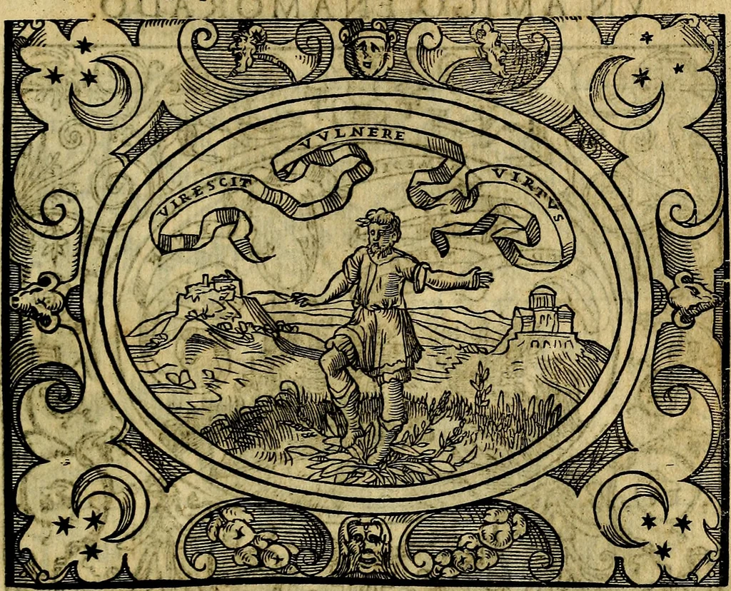 An illustration from Dialogo de las empresas militares, y amorosas, compuesto en lengua italiana, por el illvstre, y reverendissimo señor Paulo Iouio obispo de Nucera . En el qval se tracta de las devisas, armas, motes, o blasones de linages. Con vn razonemiento a esse proposito, del magnifico señot Ludouico Domeniqui. Todo nueuamente traduzido en romance castellano, por Alonso de Vlloa. Anadimos a esto las empresas heroicas, y morales, del señor Gabriel Symeon, 1561, leaf 270