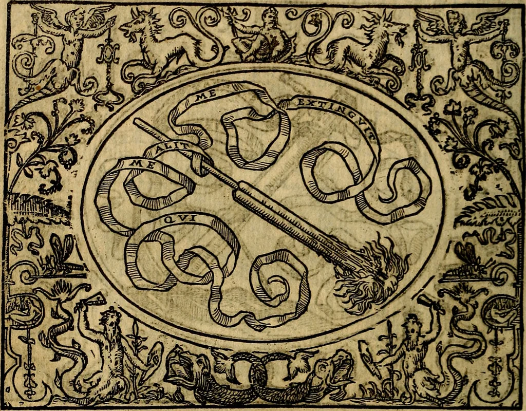 An illustration from Dialogo de las empresas militares, y amorosas, compuesto en lengua italiana, por el illvstre, y reverendissimo señor Paulo Iouio obispo de Nucera . En el qval se tracta de las devisas, armas, motes, o blasones de linages. Con vn razonemiento a esse proposito, del magnifico señot Ludouico Domeniqui. Todo nueuamente traduzido en romance castellano, por Alonso de Vlloa. Anadimos a esto las empresas heroicas, y morales, del señor Gabriel Symeon, 1561, leaf 273