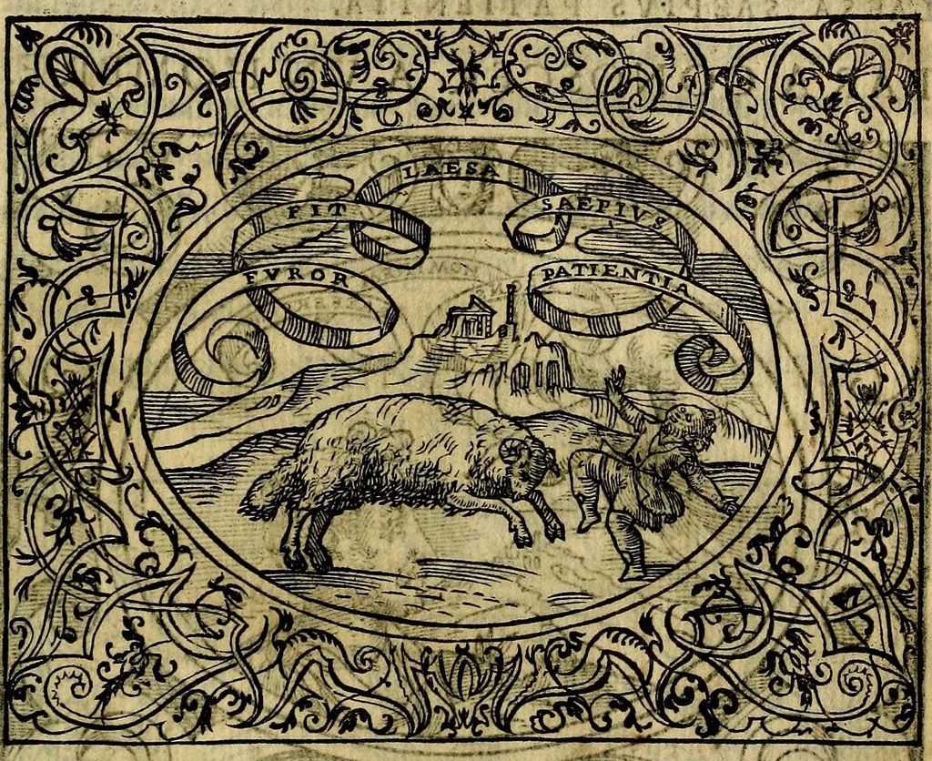 An illustration from Dialogo de las empresas militares, y amorosas, compuesto en lengua italiana, por el illvstre, y reverendissimo señor Paulo Iouio obispo de Nucera . En el qval se tracta de las devisas, armas, motes, o blasones de linages. Con vn razonemiento a esse proposito, del magnifico señot Ludouico Domeniqui. Todo nueuamente traduzido en romance castellano, por Alonso de Vlloa. Anadimos a esto las empresas heroicas, y morales, del señor Gabriel Symeon, 1561, leaf 274