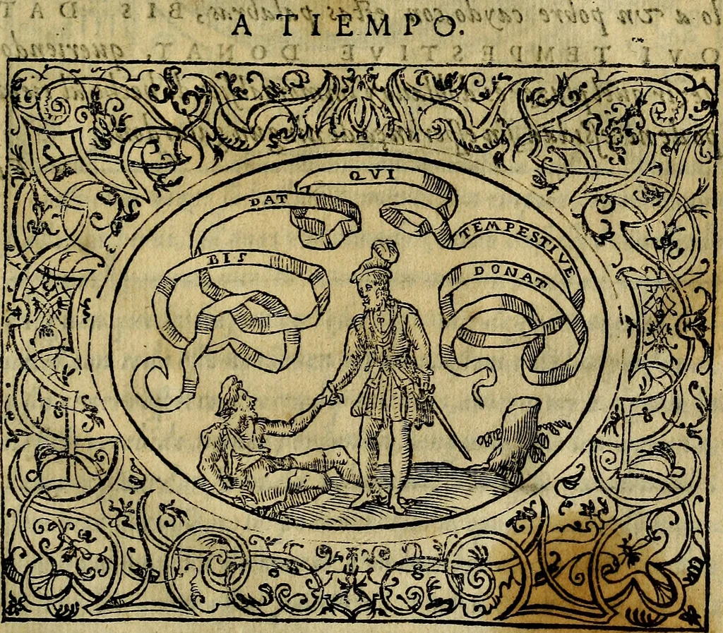 An illustration from Dialogo de las empresas militares, y amorosas, compuesto en lengua italiana, por el illvstre, y reverendissimo señor Paulo Iouio obispo de Nucera . En el qval se tracta de las devisas, armas, motes, o blasones de linages. Con vn razonemiento a esse proposito, del magnifico señot Ludouico Domeniqui. Todo nueuamente traduzido en romance castellano, por Alonso de Vlloa. Anadimos a esto las empresas heroicas, y morales, del señor Gabriel Symeon, 1561, leaf 276