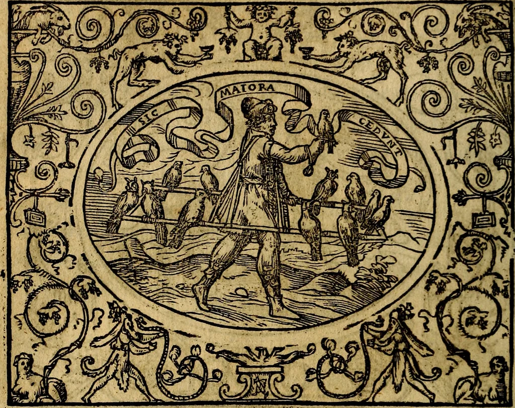 An illustration from Dialogo de las empresas militares, y amorosas, compuesto en lengua italiana, por el illvstre, y reverendissimo señor Paulo Iouio obispo de Nucera . En el qval se tracta de las devisas, armas, motes, o blasones de linages. Con vn razonemiento a esse proposito, del magnifico señot Ludouico Domeniqui. Todo nueuamente traduzido en romance castellano, por Alonso de Vlloa. Anadimos a esto las empresas heroicas, y morales, del señor Gabriel Symeon, 1561, leaf 279