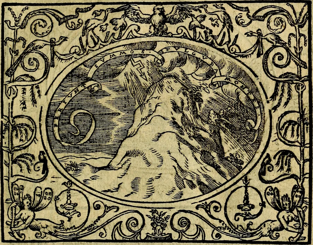 An illustration from Dialogo de las empresas militares, y amorosas, compuesto en lengua italiana, por el illvstre, y reverendissimo señor Paulo Iouio obispo de Nucera . En el qval se tracta de las devisas, armas, motes, o blasones de linages. Con vn razonemiento a esse proposito, del magnifico señot Ludouico Domeniqui. Todo nueuamente traduzido en romance castellano, por Alonso de Vlloa. Anadimos a esto las empresas heroicas, y morales, del señor Gabriel Symeon, 1561, leaf 28