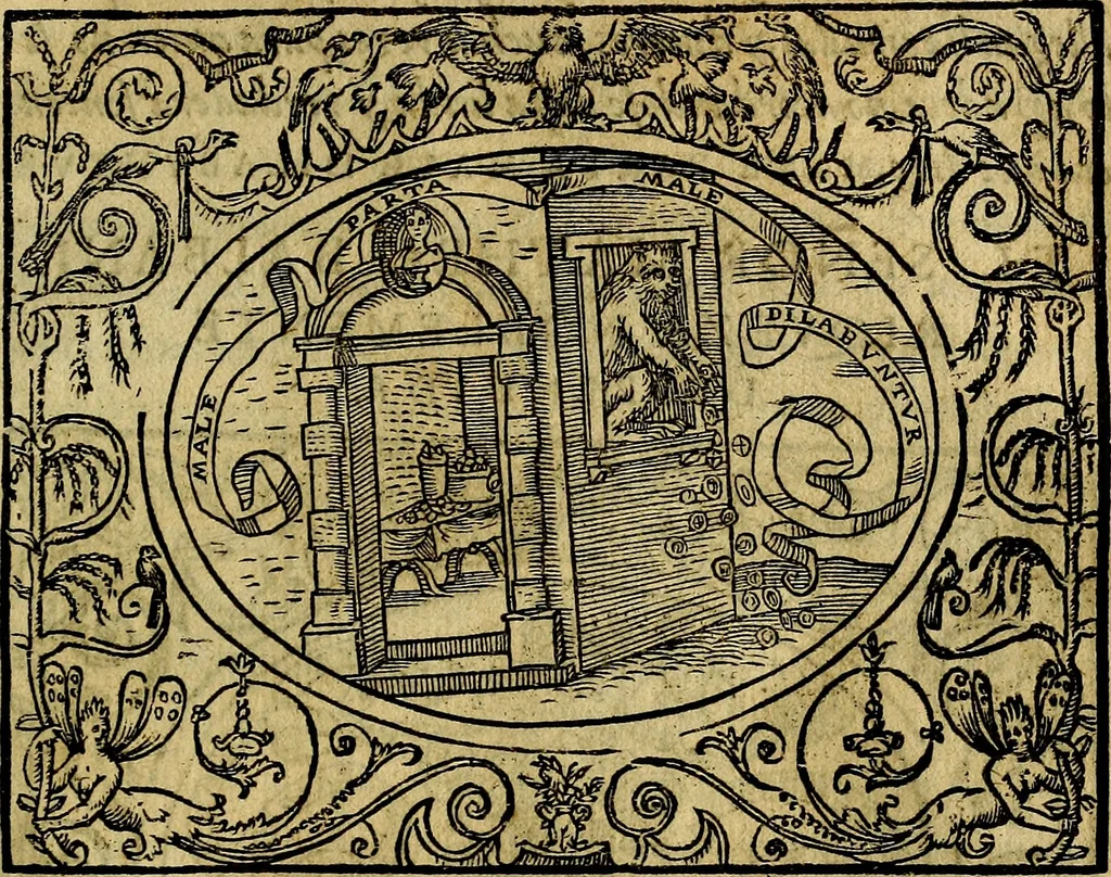 An illustration from Dialogo de las empresas militares, y amorosas, compuesto en lengua italiana, por el illvstre, y reverendissimo señor Paulo Iouio obispo de Nucera . En el qval se tracta de las devisas, armas, motes, o blasones de linages. Con vn razonemiento a esse proposito, del magnifico señot Ludouico Domeniqui. Todo nueuamente traduzido en romance castellano, por Alonso de Vlloa. Anadimos a esto las empresas heroicas, y morales, del señor Gabriel Symeon, 1561, leaf 280