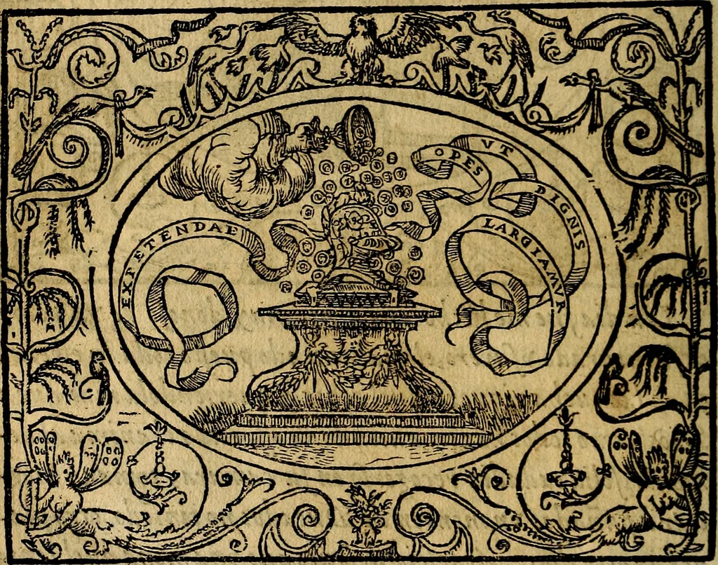 An illustration from Dialogo de las empresas militares, y amorosas, compuesto en lengua italiana, por el illvstre, y reverendissimo señor Paulo Iouio obispo de Nucera . En el qval se tracta de las devisas, armas, motes, o blasones de linages. Con vn razonemiento a esse proposito, del magnifico señot Ludouico Domeniqui. Todo nueuamente traduzido en romance castellano, por Alonso de Vlloa. Anadimos a esto las empresas heroicas, y morales, del señor Gabriel Symeon, 1561, leaf 281