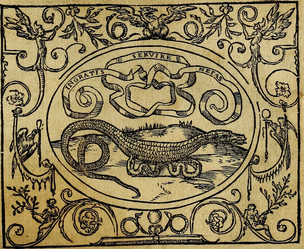 An illustration from Dialogo de las empresas militares, y amorosas, compuesto en lengua italiana, por el illvstre, y reverendissimo señor Paulo Iouio obispo de Nucera . En el qval se tracta de las devisas, armas, motes, o blasones de linages. Con vn razonemiento a esse proposito, del magnifico señot Ludouico Domeniqui. Todo nueuamente traduzido en romance castellano, por Alonso de Vlloa. Anadimos a esto las empresas heroicas, y morales, del señor Gabriel Symeon, 1561, leaf 284
