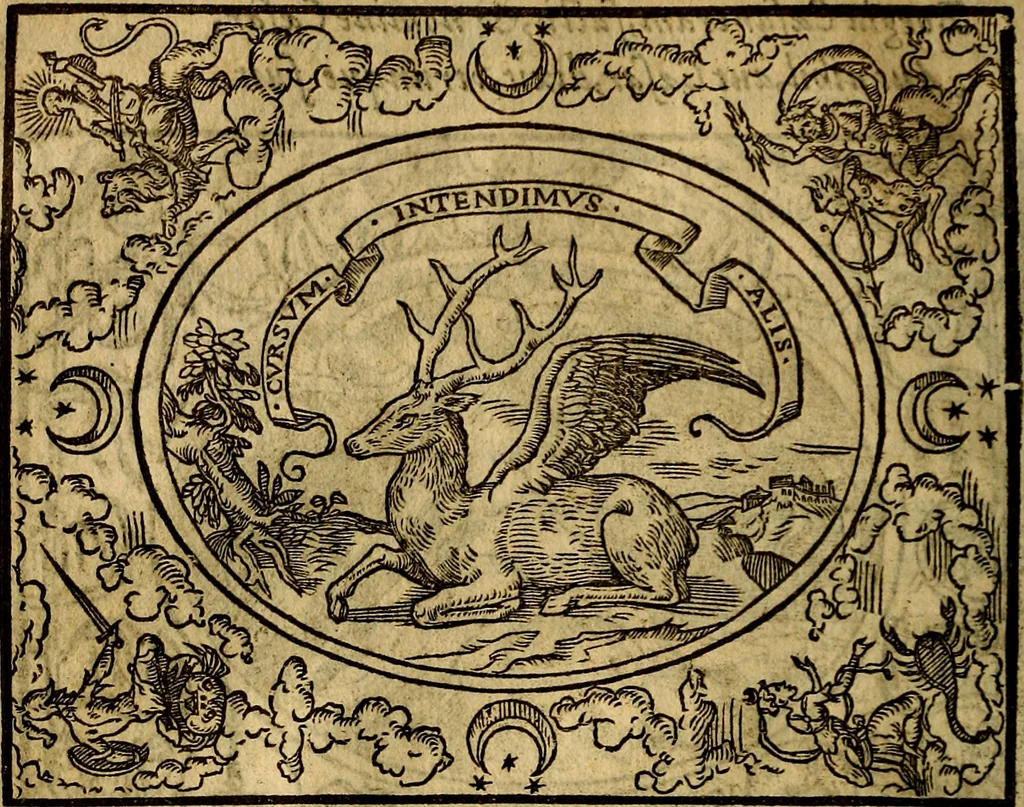 An illustration from Dialogo de las empresas militares, y amorosas, compuesto en lengua italiana, por el illvstre, y reverendissimo señor Paulo Iouio obispo de Nucera . En el qval se tracta de las devisas, armas, motes, o blasones de linages. Con vn razonemiento a esse proposito, del magnifico señot Ludouico Domeniqui. Todo nueuamente traduzido en romance castellano, por Alonso de Vlloa. Anadimos a esto las empresas heroicas, y morales, del señor Gabriel Symeon, 1561, leaf 29