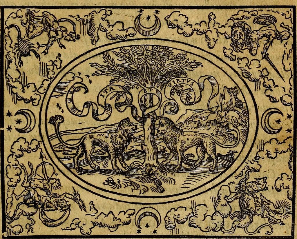 An illustration from Dialogo de las empresas militares, y amorosas, compuesto en lengua italiana, por el illvstre, y reverendissimo señor Paulo Iouio obispo de Nucera . En el qval se tracta de las devisas, armas, motes, o blasones de linages. Con vn razonemiento a esse proposito, del magnifico señot Ludouico Domeniqui. Todo nueuamente traduzido en romance castellano, por Alonso de Vlloa. Anadimos a esto las empresas heroicas, y morales, del señor Gabriel Symeon, 1561, leaf 30