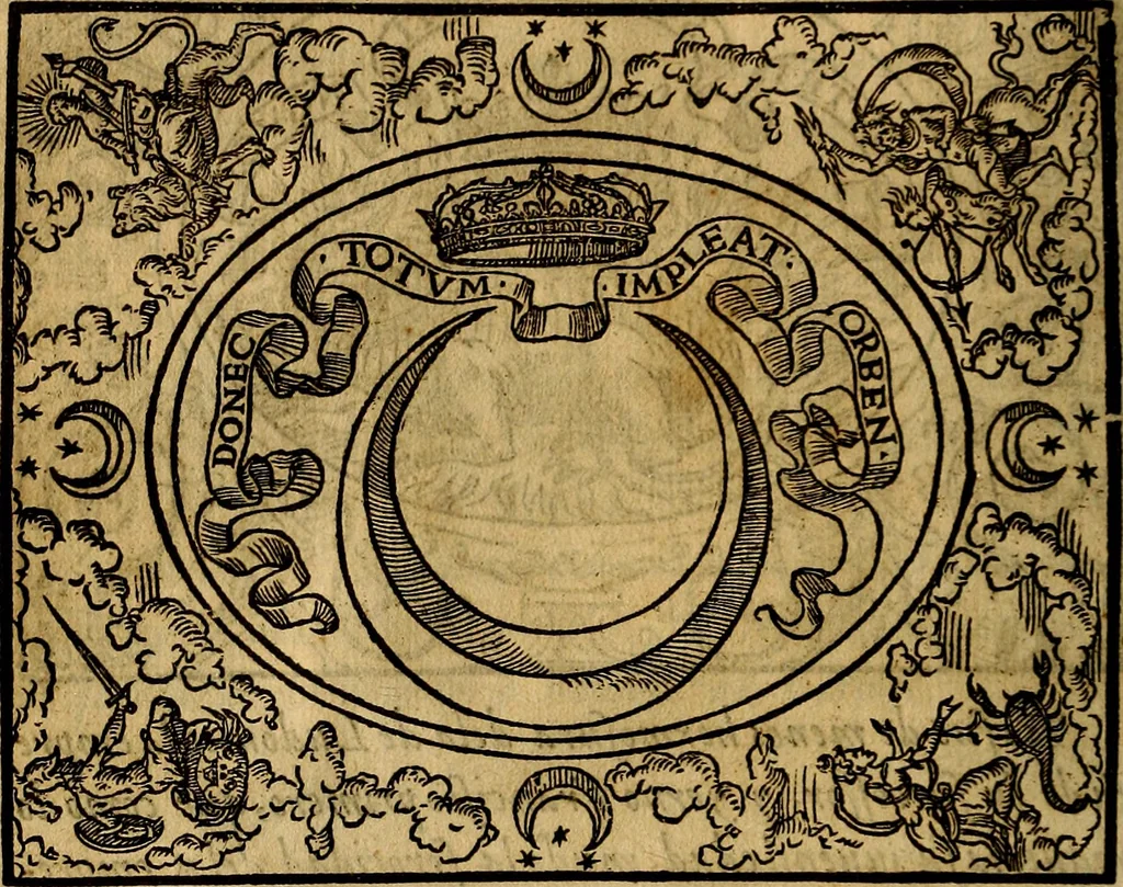 An illustration from Dialogo de las empresas militares, y amorosas, compuesto en lengua italiana, por el illvstre, y reverendissimo señor Paulo Iouio obispo de Nucera . En el qval se tracta de las devisas, armas, motes, o blasones de linages. Con vn razonemiento a esse proposito, del magnifico señot Ludouico Domeniqui. Todo nueuamente traduzido en romance castellano, por Alonso de Vlloa. Anadimos a esto las empresas heroicas, y morales, del señor Gabriel Symeon, 1561, leaf 43