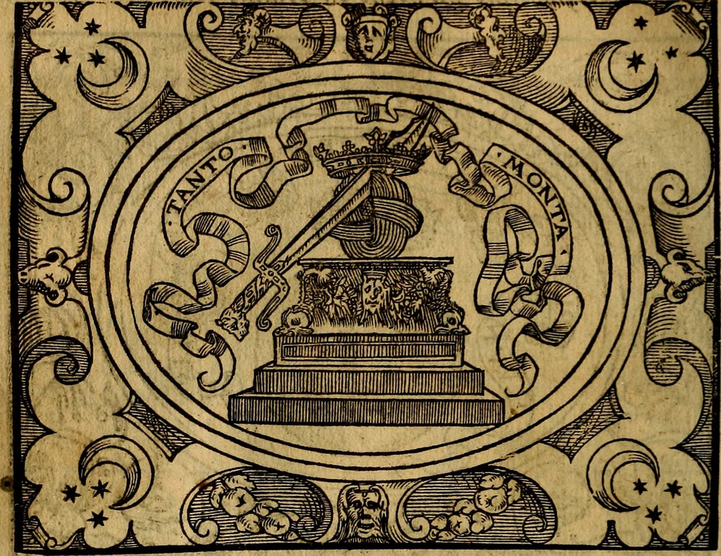 An illustration from Dialogo de las empresas militares, y amorosas, compuesto en lengua italiana, por el illvstre, y reverendissimo señor Paulo Iouio obispo de Nucera . En el qval se tracta de las devisas, armas, motes, o blasones de linages. Con vn razonemiento a esse proposito, del magnifico señot Ludouico Domeniqui. Todo nueuamente traduzido en romance castellano, por Alonso de Vlloa. Anadimos a esto las empresas heroicas, y morales, del señor Gabriel Symeon, 1561, leaf 45