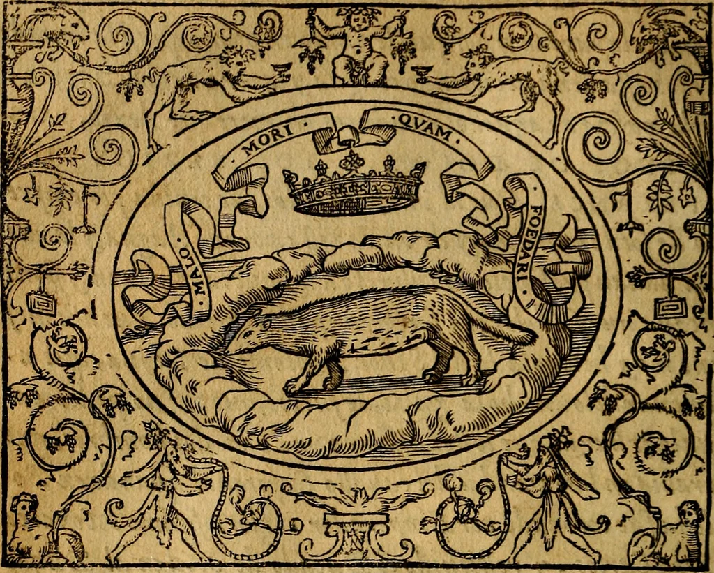 An illustration from Dialogo de las empresas militares, y amorosas, compuesto en lengua italiana, por el illvstre, y reverendissimo señor Paulo Iouio obispo de Nucera . En el qval se tracta de las devisas, armas, motes, o blasones de linages. Con vn razonemiento a esse proposito, del magnifico señot Ludouico Domeniqui. Todo nueuamente traduzido en romance castellano, por Alonso de Vlloa. Anadimos a esto las empresas heroicas, y morales, del señor Gabriel Symeon, 1561, leaf 49