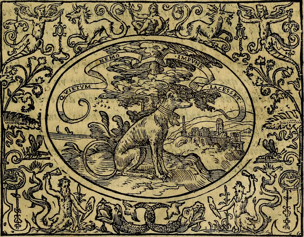 An illustration from Dialogo de las empresas militares, y amorosas, compuesto en lengua italiana, por el illvstre, y reverendissimo señor Paulo Iouio obispo de Nucera . En el qval se tracta de las devisas, armas, motes, o blasones de linages. Con vn razonemiento a esse proposito, del magnifico señot Ludouico Domeniqui. Todo nueuamente traduzido en romance castellano, por Alonso de Vlloa. Anadimos a esto las empresas heroicas, y morales, del señor Gabriel Symeon, 1561, leaf 54