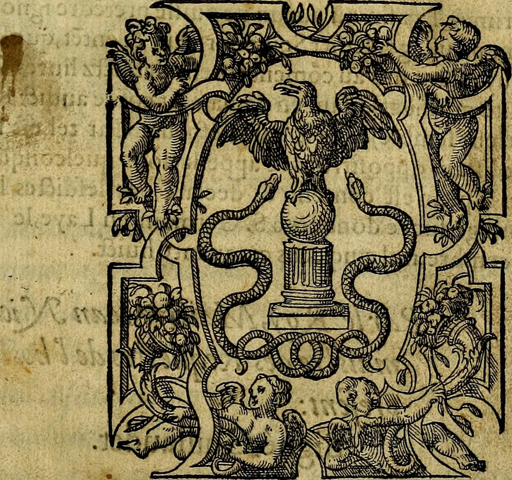 An illustration from Dialogo de las empresas militares, y amorosas, compuesto en lengua italiana, por el illvstre, y reverendissimo señor Paulo Iouio obispo de Nucera . En el qval se tracta de las devisas, armas, motes, o blasones de linages. Con vn razonemiento a esse proposito, del magnifico señot Ludouico Domeniqui. Todo nueuamente traduzido en romance castellano, por Alonso de Vlloa. Anadimos a esto las empresas heroicas, y morales, del señor Gabriel Symeon, 1561, leaf 6
