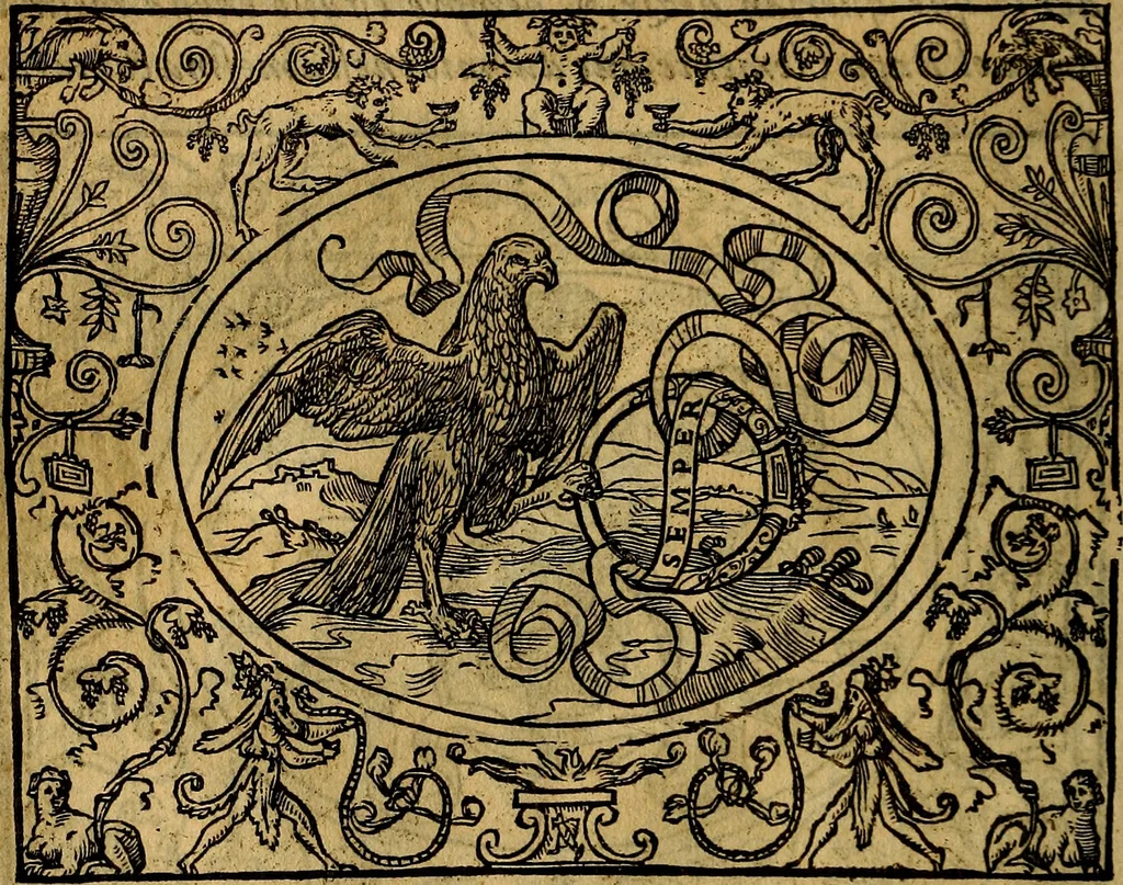 An illustration from Dialogo de las empresas militares, y amorosas, compuesto en lengua italiana, por el illvstre, y reverendissimo señor Paulo Iouio obispo de Nucera . En el qval se tracta de las devisas, armas, motes, o blasones de linages. Con vn razonemiento a esse proposito, del magnifico señot Ludouico Domeniqui. Todo nueuamente traduzido en romance castellano, por Alonso de Vlloa. Anadimos a esto las empresas heroicas, y morales, del señor Gabriel Symeon, 1561, leaf 61