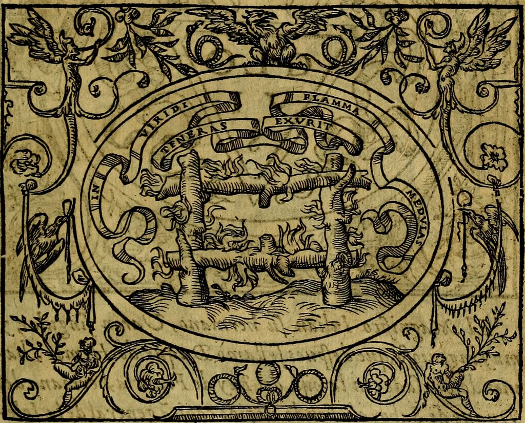 An illustration from Dialogo de las empresas militares, y amorosas, compuesto en lengua italiana, por el illvstre, y reverendissimo señor Paulo Iouio obispo de Nucera . En el qval se tracta de las devisas, armas, motes, o blasones de linages. Con vn razonemiento a esse proposito, del magnifico señot Ludouico Domeniqui. Todo nueuamente traduzido en romance castellano, por Alonso de Vlloa. Anadimos a esto las empresas heroicas, y morales, del señor Gabriel Symeon, 1561, leaf 62