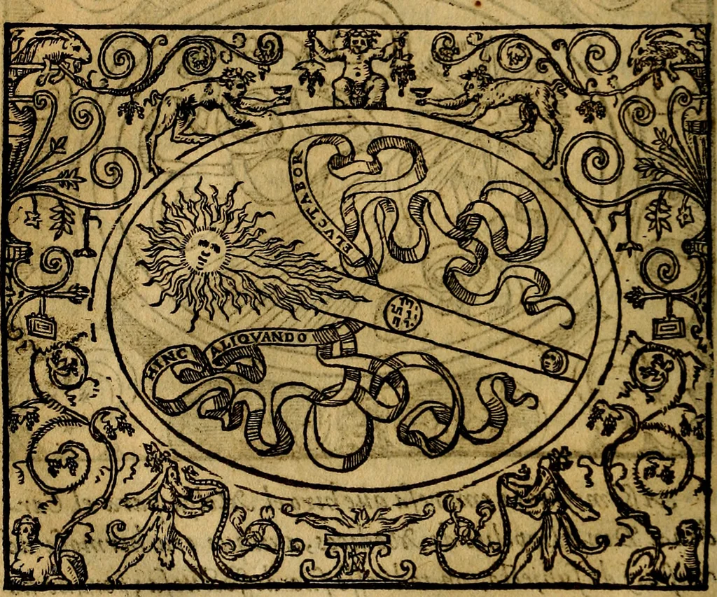 An illustration from Dialogo de las empresas militares, y amorosas, compuesto en lengua italiana, por el illvstre, y reverendissimo señor Paulo Iouio obispo de Nucera . En el qval se tracta de las devisas, armas, motes, o blasones de linages. Con vn razonemiento a esse proposito, del magnifico señot Ludouico Domeniqui. Todo nueuamente traduzido en romance castellano, por Alonso de Vlloa. Anadimos a esto las empresas heroicas, y morales, del señor Gabriel Symeon, 1561, leaf 67