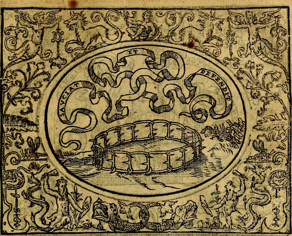 An illustration from Dialogo de las empresas militares, y amorosas, compuesto en lengua italiana, por el illvstre, y reverendissimo señor Paulo Iouio obispo de Nucera . En el qval se tracta de las devisas, armas, motes, o blasones de linages. Con vn razonemiento a esse proposito, del magnifico señot Ludouico Domeniqui. Todo nueuamente traduzido en romance castellano, por Alonso de Vlloa. Anadimos a esto las empresas heroicas, y morales, del señor Gabriel Symeon, 1561, leaf 76