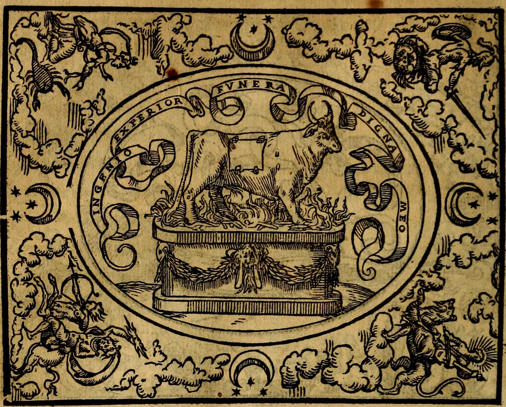 An illustration from Dialogo de las empresas militares, y amorosas, compuesto en lengua italiana, por el illvstre, y reverendissimo señor Paulo Iouio obispo de Nucera . En el qval se tracta de las devisas, armas, motes, o blasones de linages. Con vn razonemiento a esse proposito, del magnifico señot Ludouico Domeniqui. Todo nueuamente traduzido en romance castellano, por Alonso de Vlloa. Anadimos a esto las empresas heroicas, y morales, del señor Gabriel Symeon, 1561, leaf 77