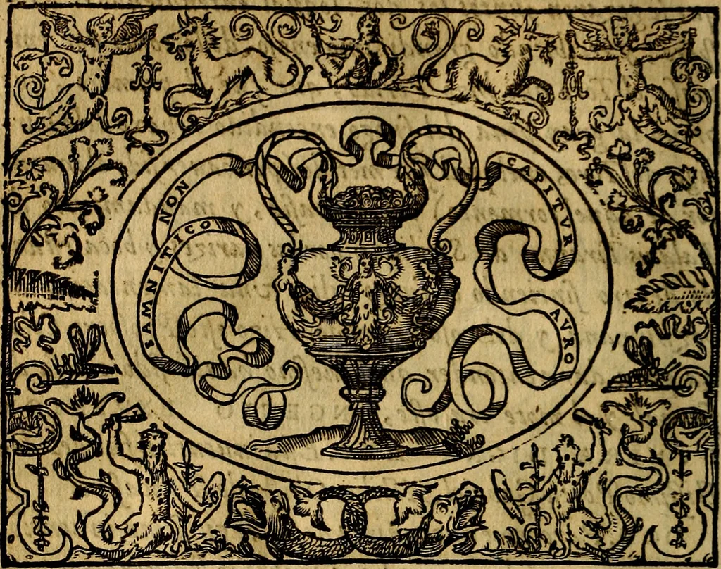 An illustration from Dialogo de las empresas militares, y amorosas, compuesto en lengua italiana, por el illvstre, y reverendissimo señor Paulo Iouio obispo de Nucera . En el qval se tracta de las devisas, armas, motes, o blasones de linages. Con vn razonemiento a esse proposito, del magnifico señot Ludouico Domeniqui. Todo nueuamente traduzido en romance castellano, por Alonso de Vlloa. Anadimos a esto las empresas heroicas, y morales, del señor Gabriel Symeon, 1561, leaf 79