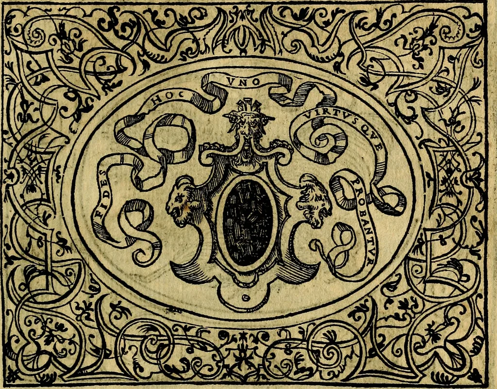 An illustration from Dialogo de las empresas militares, y amorosas, compuesto en lengua italiana, por el illvstre, y reverendissimo señor Paulo Iouio obispo de Nucera . En el qval se tracta de las devisas, armas, motes, o blasones de linages. Con vn razonemiento a esse proposito, del magnifico señot Ludouico Domeniqui. Todo nueuamente traduzido en romance castellano, por Alonso de Vlloa. Anadimos a esto las empresas heroicas, y morales, del señor Gabriel Symeon, 1561, leaf 80
