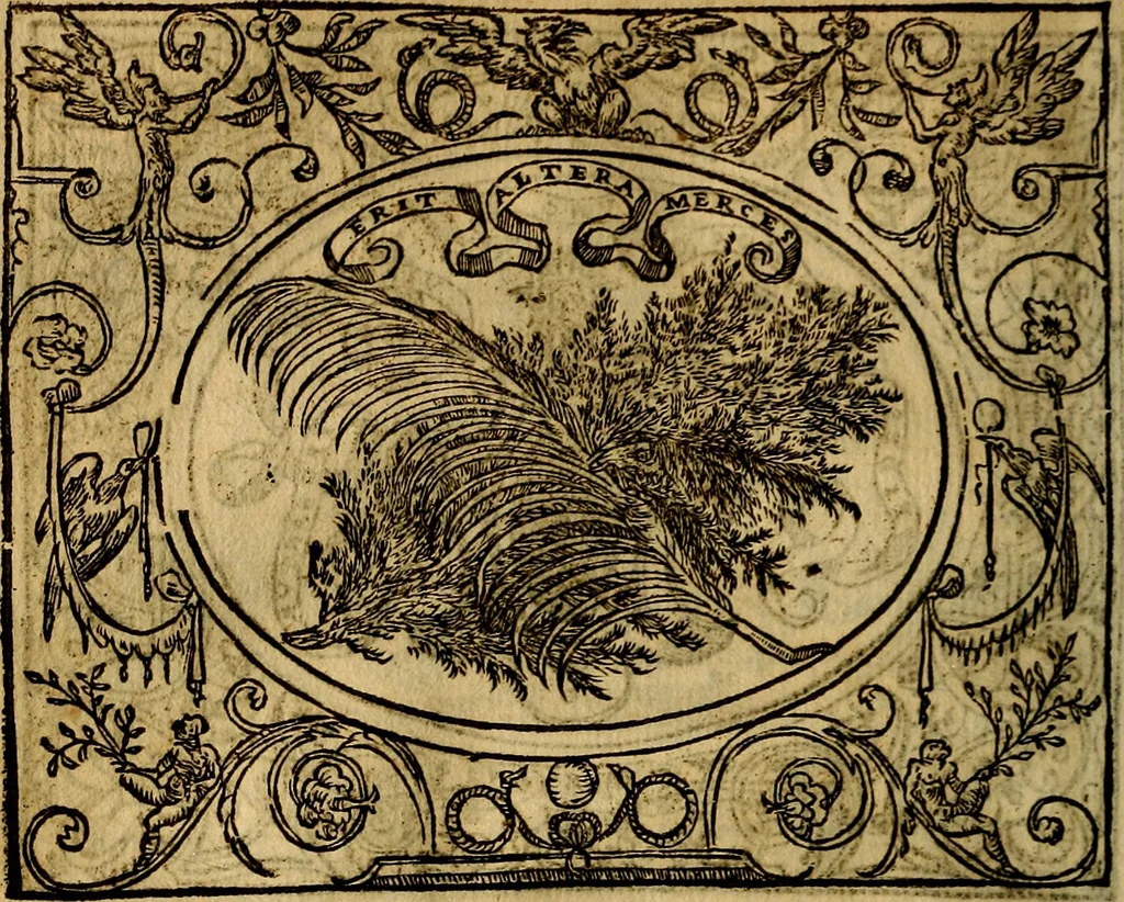 An illustration from Dialogo de las empresas militares, y amorosas, compuesto en lengua italiana, por el illvstre, y reverendissimo señor Paulo Iouio obispo de Nucera . En el qval se tracta de las devisas, armas, motes, o blasones de linages. Con vn razonemiento a esse proposito, del magnifico señot Ludouico Domeniqui. Todo nueuamente traduzido en romance castellano, por Alonso de Vlloa. Anadimos a esto las empresas heroicas, y morales, del señor Gabriel Symeon, 1561, leaf 81