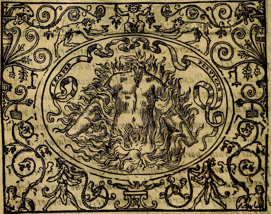 An illustration from Dialogo de las empresas militares, y amorosas, compuesto en lengua italiana, por el illvstre, y reverendissimo señor Paulo Iouio obispo de Nucera . En el qval se tracta de las devisas, armas, motes, o blasones de linages. Con vn razonemiento a esse proposito, del magnifico señot Ludouico Domeniqui. Todo nueuamente traduzido en romance castellano, por Alonso de Vlloa. Anadimos a esto las empresas heroicas, y morales, del señor Gabriel Symeon, 1561, leaf 83
