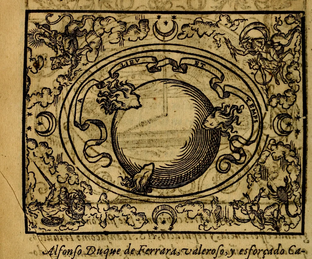An illustration from Dialogo de las empresas militares, y amorosas, compuesto en lengua italiana, por el illvstre, y reverendissimo señor Paulo Iouio obispo de Nucera . En el qval se tracta de las devisas, armas, motes, o blasones de linages. Con vn razonemiento a esse proposito, del magnifico señot Ludouico Domeniqui. Todo nueuamente traduzido en romance castellano, por Alonso de Vlloa. Anadimos a esto las empresas heroicas, y morales, del señor Gabriel Symeon, 1561, leaf 93