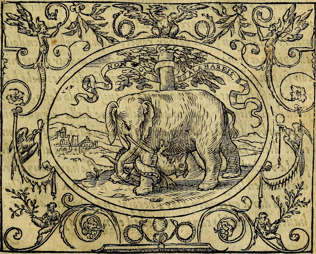 An illustration from Dialogo de las empresas militares, y amorosas, compuesto en lengua italiana, por el illvstre, y reverendissimo señor Paulo Iouio obispo de Nucera . En el qval se tracta de las devisas, armas, motes, o blasones de linages. Con vn razonemiento a esse proposito, del magnifico señot Ludouico Domeniqui. Todo nueuamente traduzido en romance castellano, por Alonso de Vlloa. Anadimos a esto las empresas heroicas, y morales, del señor Gabriel Symeon, 1561, leaf 98