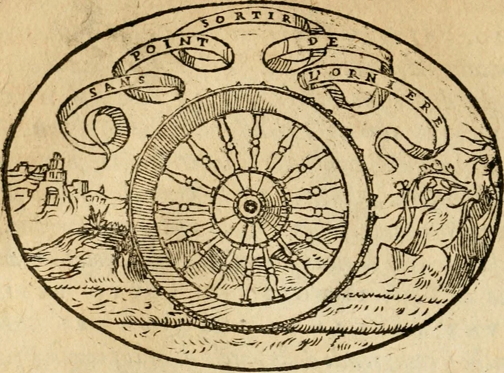 An illustration from Dialogo dell'imprese militari et amorose di Monsignor Giouio, vescouo di Nocera : et del S. Gabriel Symeoni fiorentino : con vn ragionamento di M. Lodouico Domenichi, nel medesimo soggetto : con la tauola, 1574, leaf 105