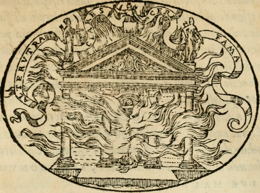 An illustration from Dialogo dell'imprese militari et amorose di Monsignor Giouio, vescouo di Nocera : et del S. Gabriel Symeoni fiorentino : con vn ragionamento di M. Lodouico Domenichi, nel medesimo soggetto : con la tauola, 1574, leaf 128