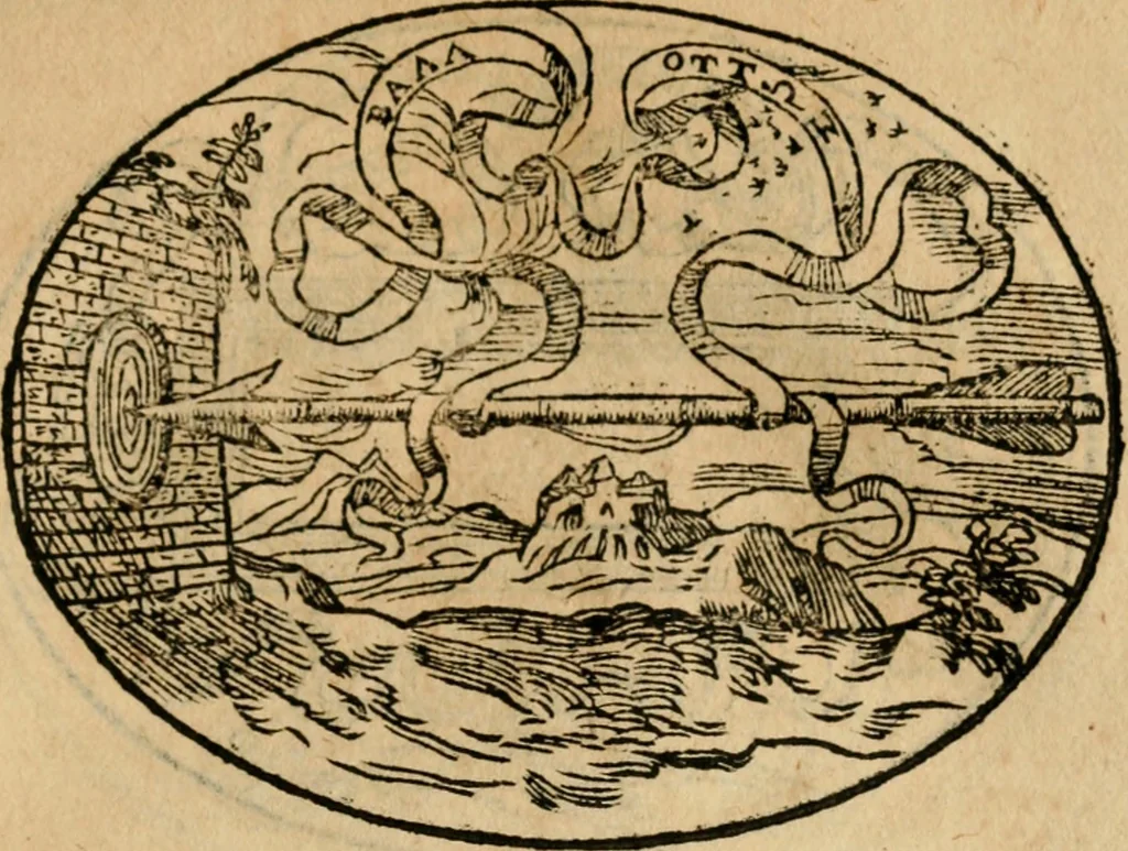 An illustration from Dialogo dell'imprese militari et amorose di Monsignor Giouio, vescouo di Nocera : et del S. Gabriel Symeoni fiorentino : con vn ragionamento di M. Lodouico Domenichi, nel medesimo soggetto : con la tauola, 1574, leaf 140