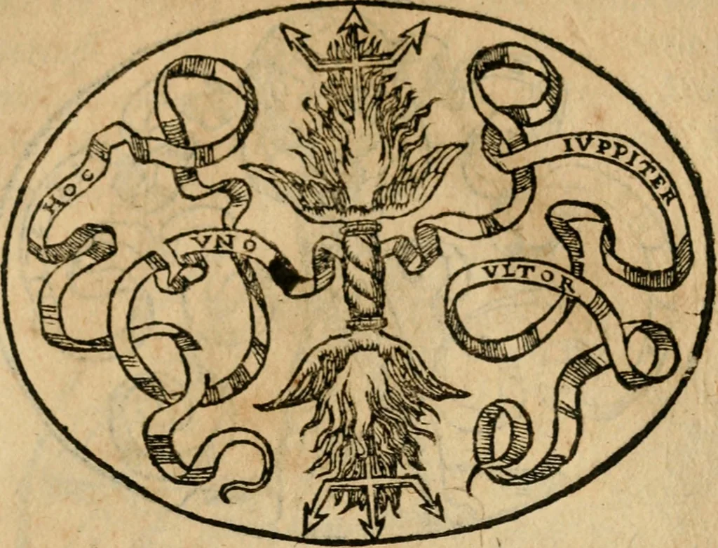 An illustration from Dialogo dell'imprese militari et amorose di Monsignor Giouio, vescouo di Nocera : et del S. Gabriel Symeoni fiorentino : con vn ragionamento di M. Lodouico Domenichi, nel medesimo soggetto : con la tauola, 1574, leaf 142