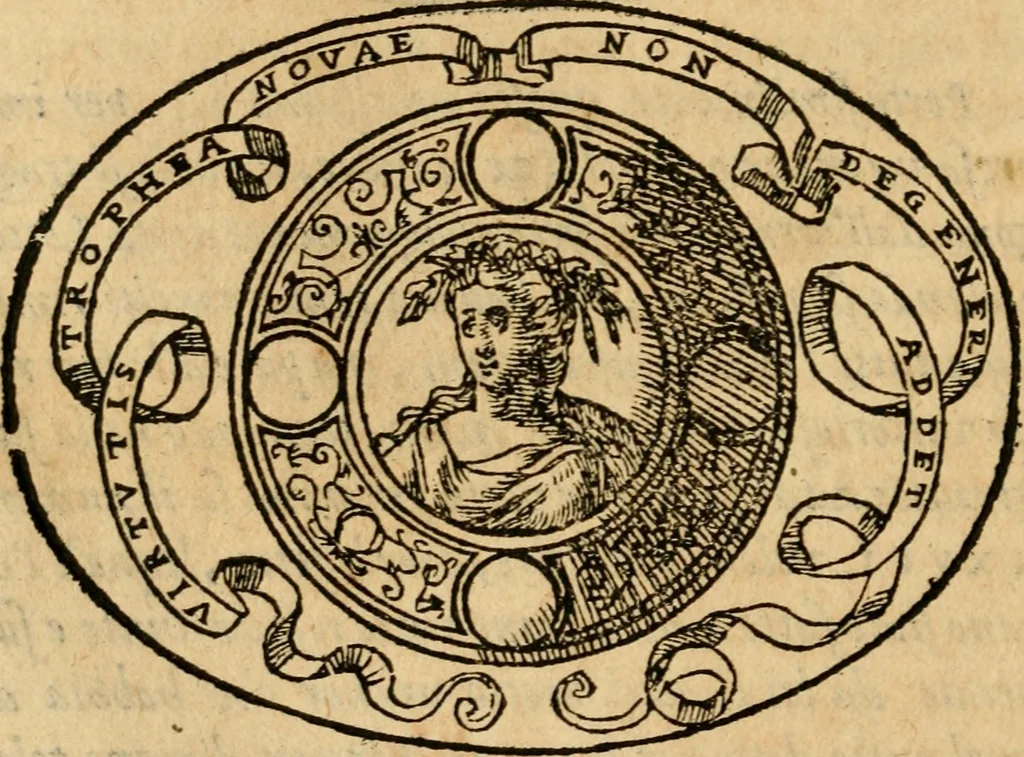An illustration from Dialogo dell'imprese militari et amorose di Monsignor Giouio, vescouo di Nocera : et del S. Gabriel Symeoni fiorentino : con vn ragionamento di M. Lodouico Domenichi, nel medesimo soggetto : con la tauola, 1574, leaf 147