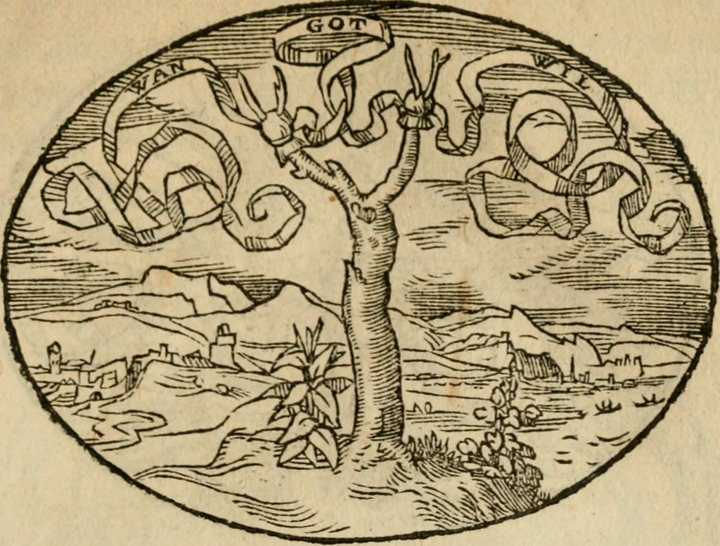 An illustration from Dialogo dell'imprese militari et amorose di Monsignor Giouio, vescouo di Nocera : et del S. Gabriel Symeoni fiorentino : con vn ragionamento di M. Lodouico Domenichi, nel medesimo soggetto : con la tauola, 1574, leaf 164