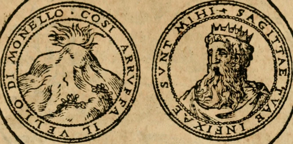An illustration from Dialogo dell'imprese militari et amorose di Monsignor Giouio, vescouo di Nocera : et del S. Gabriel Symeoni fiorentino : con vn ragionamento di M. Lodouico Domenichi, nel medesimo soggetto : con la tauola, 1574, leaf 168