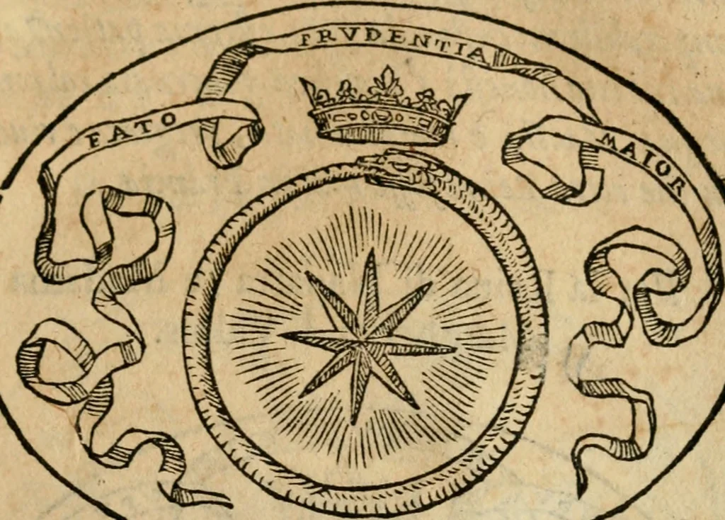 An illustration from Dialogo dell'imprese militari et amorose di Monsignor Giouio, vescouo di Nocera : et del S. Gabriel Symeoni fiorentino : con vn ragionamento di M. Lodouico Domenichi, nel medesimo soggetto : con la tauola, 1574, leaf 182