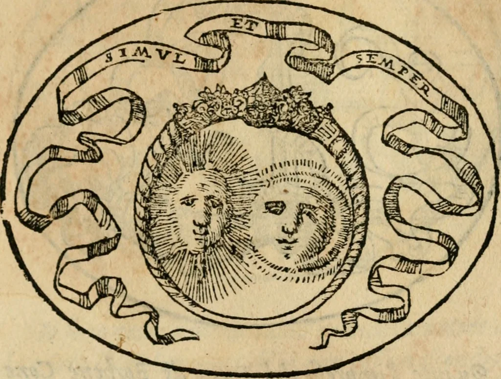 An illustration from Dialogo dell'imprese militari et amorose di Monsignor Giouio, vescouo di Nocera : et del S. Gabriel Symeoni fiorentino : con vn ragionamento di M. Lodouico Domenichi, nel medesimo soggetto : con la tauola, 1574, leaf 184