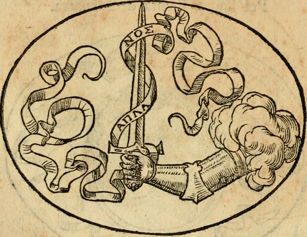 An illustration from Dialogo dell'imprese militari et amorose di Monsignor Giouio, vescouo di Nocera : et del S. Gabriel Symeoni fiorentino : con vn ragionamento di M. Lodouico Domenichi, nel medesimo soggetto : con la tauola, 1574, leaf 185