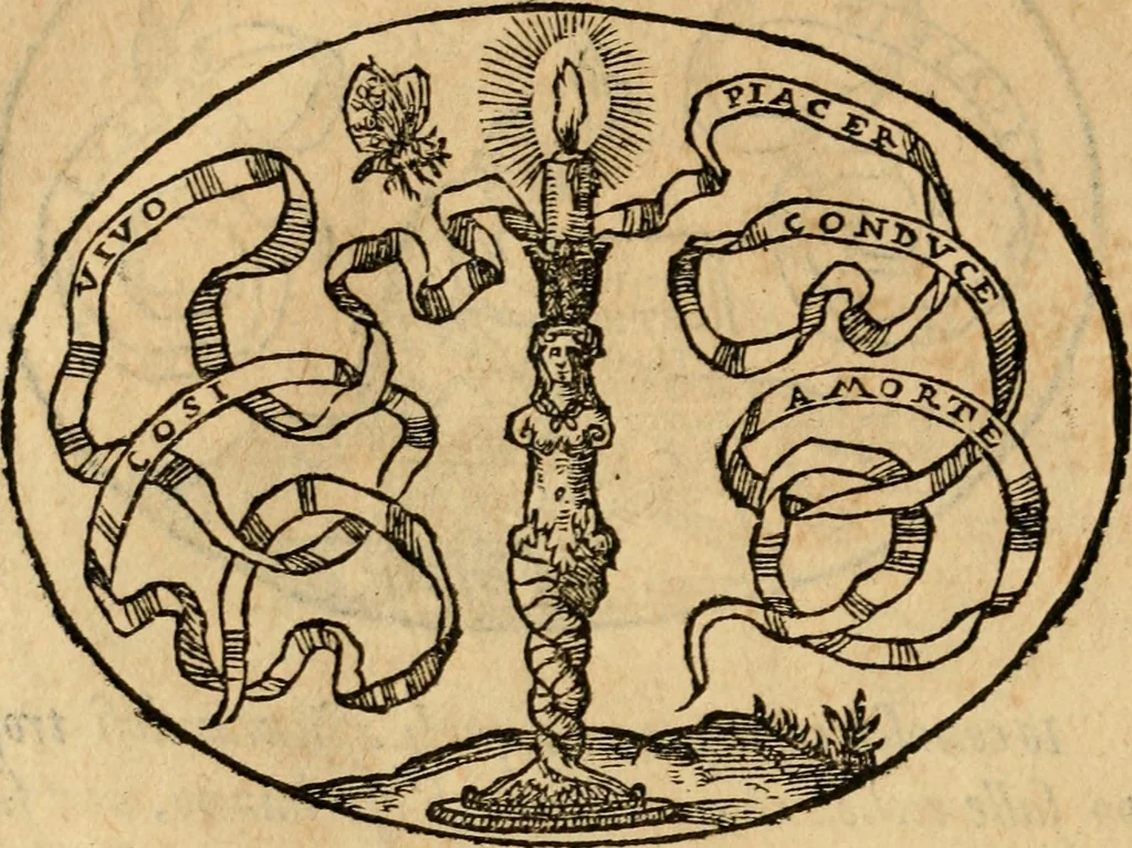 An illustration from Dialogo dell'imprese militari et amorose di Monsignor Giouio, vescouo di Nocera : et del S. Gabriel Symeoni fiorentino : con vn ragionamento di M. Lodouico Domenichi, nel medesimo soggetto : con la tauola, 1574, leaf 191