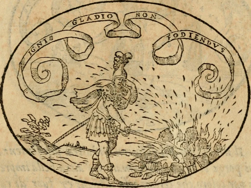 An illustration from Dialogo dell'imprese militari et amorose di Monsignor Giouio, vescouo di Nocera : et del S. Gabriel Symeoni fiorentino : con vn ragionamento di M. Lodouico Domenichi, nel medesimo soggetto : con la tauola, 1574, leaf 194