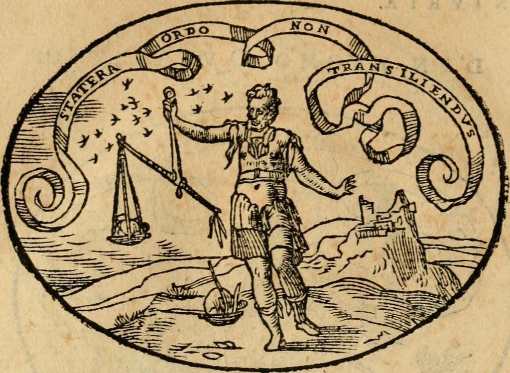 An illustration from Dialogo dell'imprese militari et amorose di Monsignor Giouio, vescouo di Nocera : et del S. Gabriel Symeoni fiorentino : con vn ragionamento di M. Lodouico Domenichi, nel medesimo soggetto : con la tauola, 1574, leaf 195