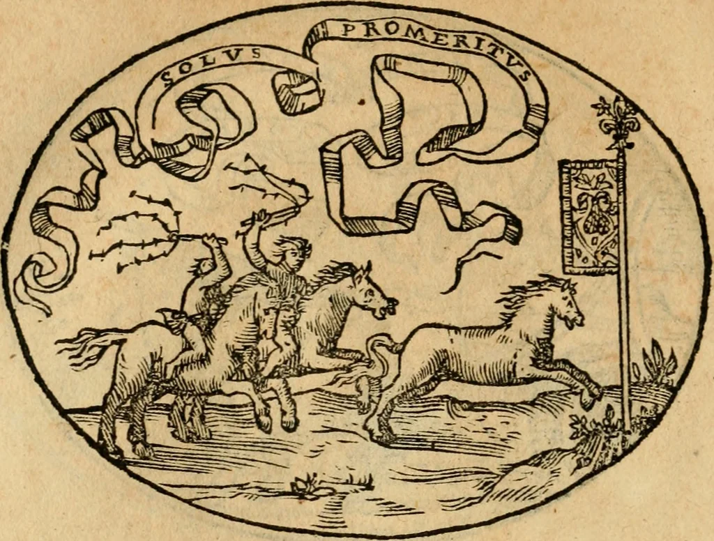 An illustration from Dialogo dell'imprese militari et amorose di Monsignor Giouio, vescouo di Nocera : et del S. Gabriel Symeoni fiorentino : con vn ragionamento di M. Lodouico Domenichi, nel medesimo soggetto : con la tauola, 1574, leaf 197