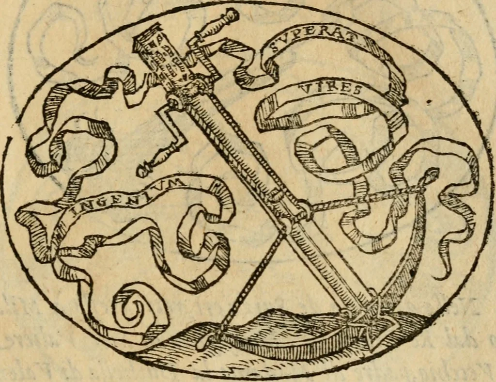 An illustration from Dialogo dell'imprese militari et amorose di Monsignor Giouio, vescouo di Nocera : et del S. Gabriel Symeoni fiorentino : con vn ragionamento di M. Lodouico Domenichi, nel medesimo soggetto : con la tauola, 1574, leaf 204
