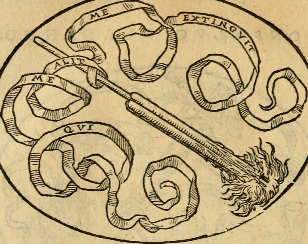 An illustration from Dialogo dell'imprese militari et amorose di Monsignor Giouio, vescouo di Nocera : et del S. Gabriel Symeoni fiorentino : con vn ragionamento di M. Lodouico Domenichi, nel medesimo soggetto : con la tauola, 1574, leaf 205