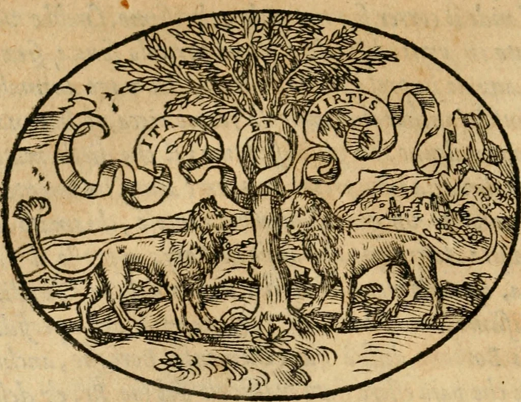 An illustration from Dialogo dell'imprese militari et amorose di Monsignor Giouio, vescouo di Nocera : et del S. Gabriel Symeoni fiorentino : con vn ragionamento di M. Lodouico Domenichi, nel medesimo soggetto : con la tauola, 1574, leaf 21