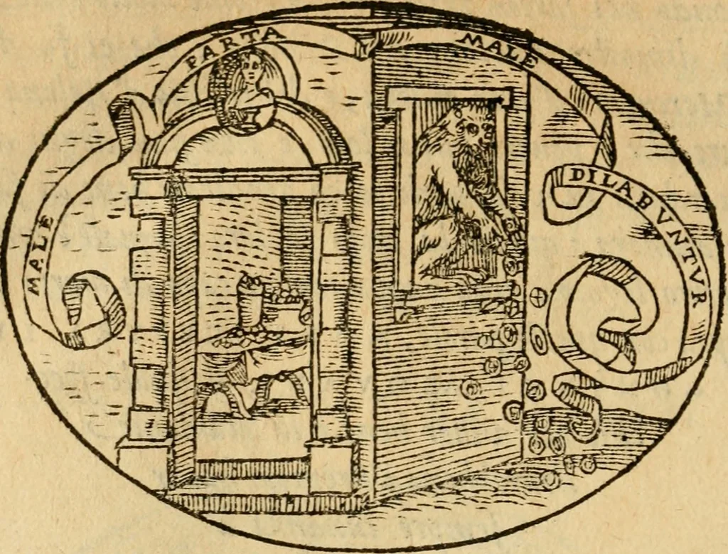 An illustration from Dialogo dell'imprese militari et amorose di Monsignor Giouio, vescouo di Nocera : et del S. Gabriel Symeoni fiorentino : con vn ragionamento di M. Lodouico Domenichi, nel medesimo soggetto : con la tauola, 1574, leaf 211