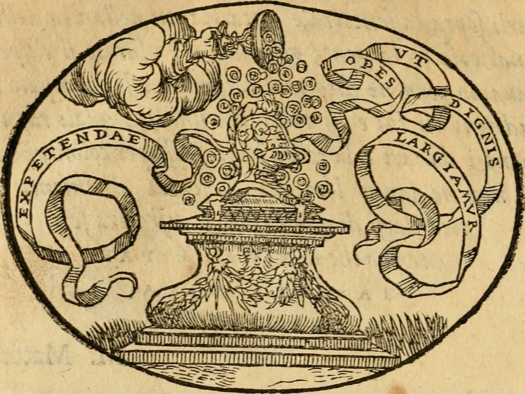 An illustration from Dialogo dell'imprese militari et amorose di Monsignor Giouio, vescouo di Nocera : et del S. Gabriel Symeoni fiorentino : con vn ragionamento di M. Lodouico Domenichi, nel medesimo soggetto : con la tauola, 1574, leaf 213
