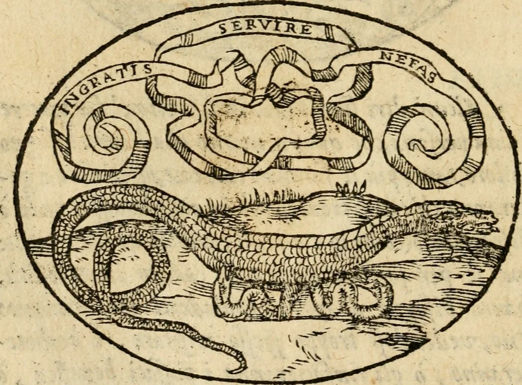 An illustration from Dialogo dell'imprese militari et amorose di Monsignor Giouio, vescouo di Nocera : et del S. Gabriel Symeoni fiorentino : con vn ragionamento di M. Lodouico Domenichi, nel medesimo soggetto : con la tauola, 1574, leaf 219